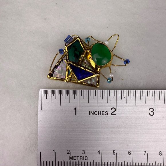 Abstract Gold Tone & Multicolor Glass Brooch Artistic Pin Unique Design - Picture 4 of 4